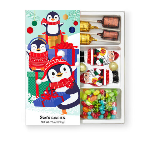 Playful Penguins Box / Caja surtida de chocolates y dulces de Pingüinos Navideña
